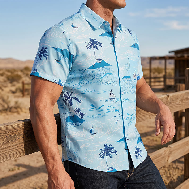 Camicia da uomo con stampa hawaiana a tema vacanze al mare, con bottoni. - Blu celeste - 5XL - image 0