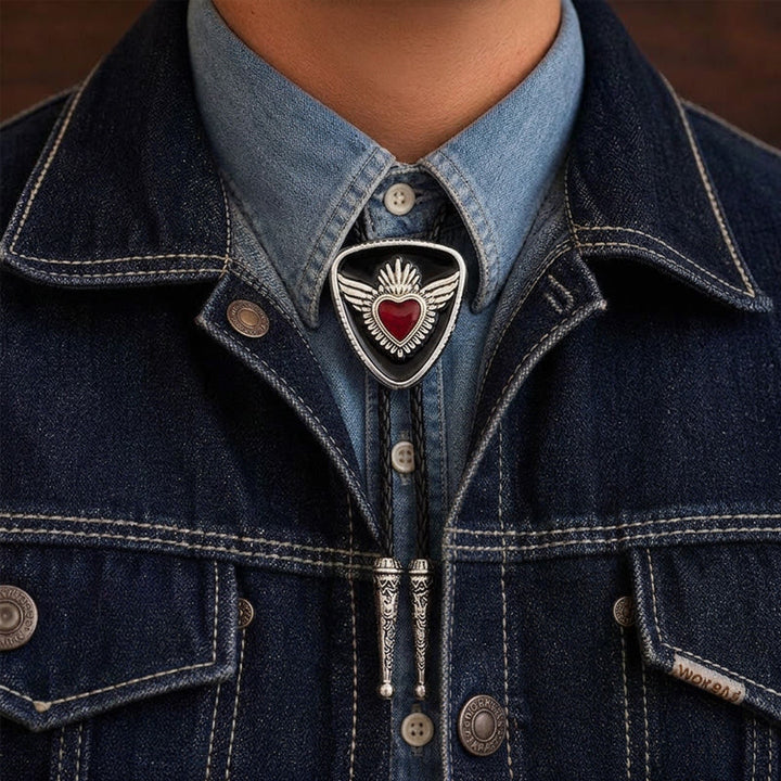 Cravatta bolo retrò western con alette e Sacro Cuore - Nero - image 4