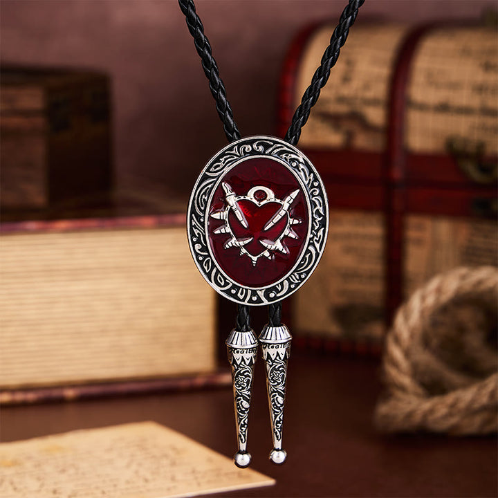 Cravatta bolo ovale vintage con motivo a proiettile a forma di cuore e spina rossa. - image 3