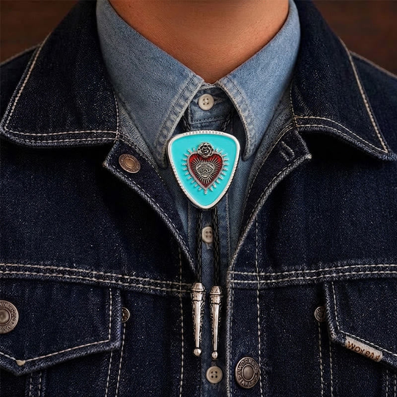 Cravatta bolo con rosa dell'occhio onniveggente e Sacro Cuore - blu turchese - image 1