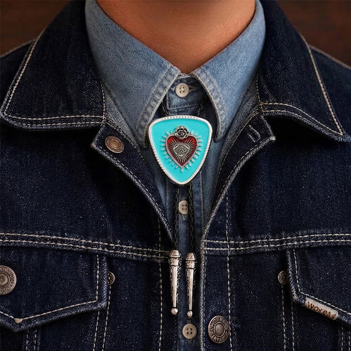 Cravatta bolo con rosa dell'occhio onniveggente e Sacro Cuore - blu turchese - image 1
