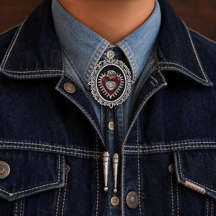 Cravatta bolo vintage con motivo floreale ovale, Sacro Cuore, Occhio di Rosa. - Rosso e nero - image 1