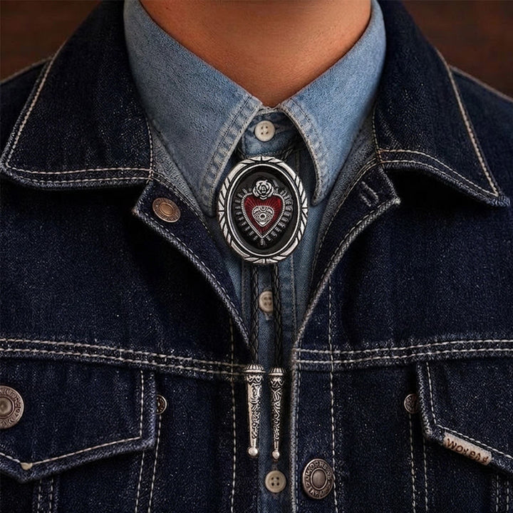 Bordo attorcigliato Ovale Sacro Cuore Occhio onniveggente Rosa Cravatta bolo - Rosso e nero - image 1