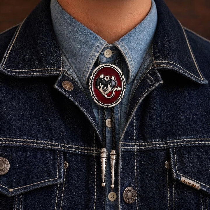Ciondolo a forma di cuore fiammeggiante del diavolo - Cravatta bolo western - Nero - image 1