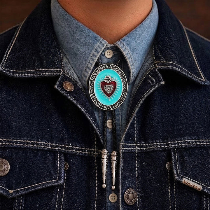 Bolo tie smaltato con rosa e occhio occulti e turchese - Turchese - image 1