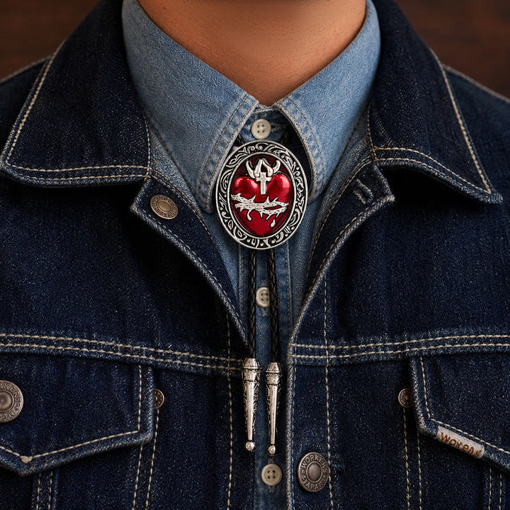 Cravatta bolo ovale smaltata con corona di spine e cuore sanguinante - Rosso e nero - image 1
