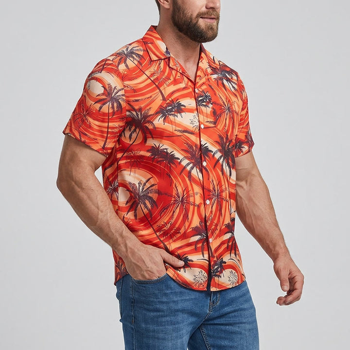 Camicia da uomo arancione con motivo a onde e palme, ideale per l'estate e la spiaggia. - image 2