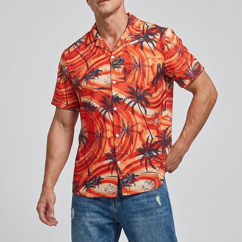 Camicia da uomo arancione con motivo a onde e palme, ideale per l'estate e la spiaggia. - image 1