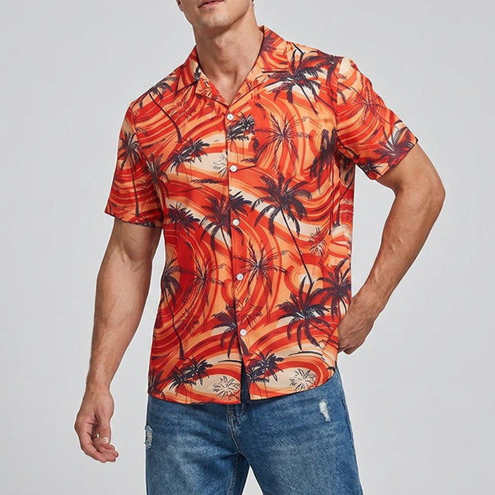 Camicia da uomo arancione con motivo a onde e palme, ideale per l'estate e la spiaggia. - image 1