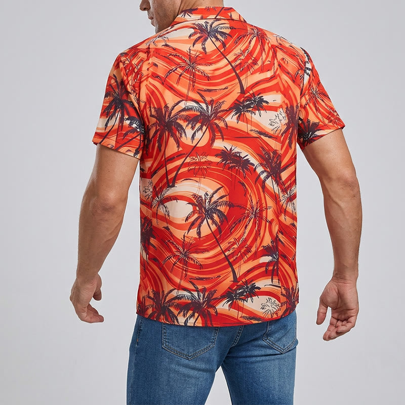 Camicia da uomo arancione con motivo a onde e palme, ideale per l'estate e la spiaggia. - image 3
