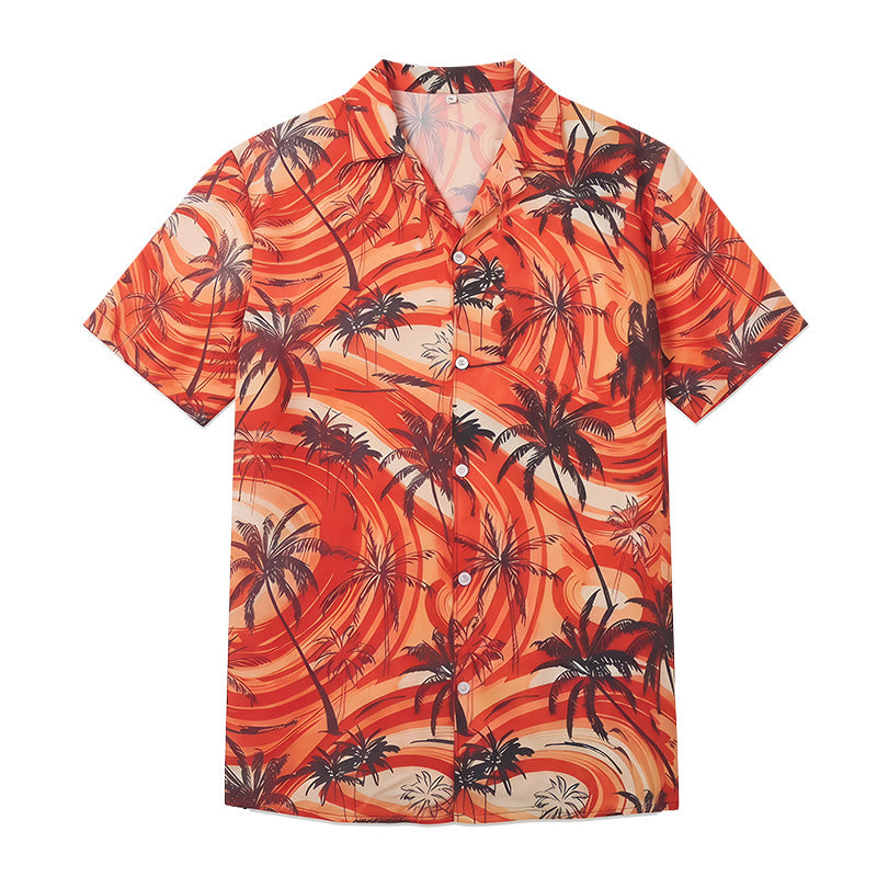 Camicia da uomo arancione con motivo a onde e palme, ideale per l'estate e la spiaggia. - image 9