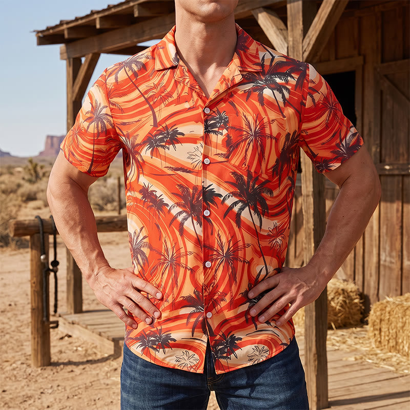 Camicia da uomo arancione con motivo a onde e palme, ideale per l'estate e la spiaggia. - Arancia - 5XL - image 0