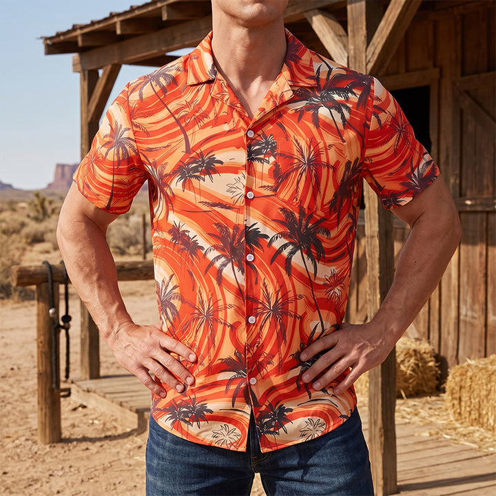 Camicia da uomo arancione con motivo a onde e palme, ideale per l'estate e la spiaggia. - Arancia - 5XL - image 0