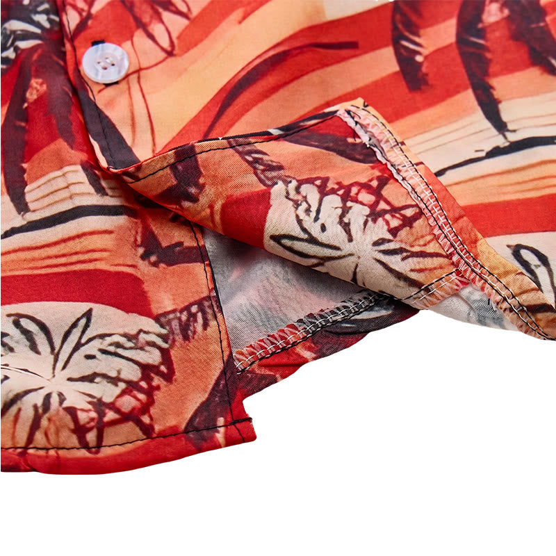 Camicia da uomo arancione con motivo a onde e palme, ideale per l'estate e la spiaggia. - image 7