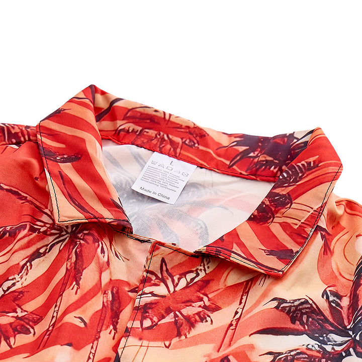 Camicia da uomo arancione con motivo a onde e palme, ideale per l'estate e la spiaggia. - image 4