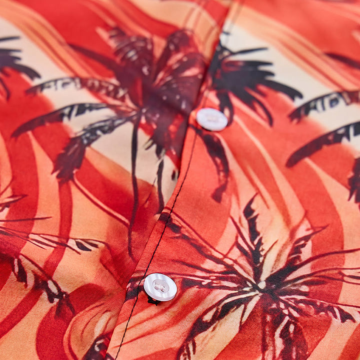Camicia da uomo arancione con motivo a onde e palme, ideale per l'estate e la spiaggia. - image 5