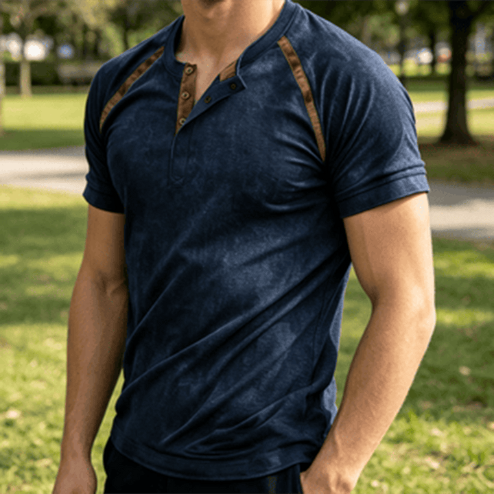 Camicia Henley da uomo vintage lavata, estiva e casual. - Blu navy - 5XL - image 4