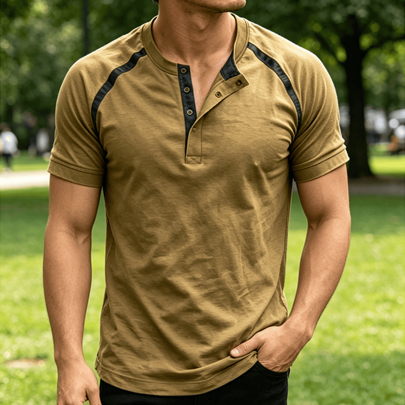 Camicia Henley da uomo vintage lavata, estiva e casual. - Cachi - 5XL - image 5