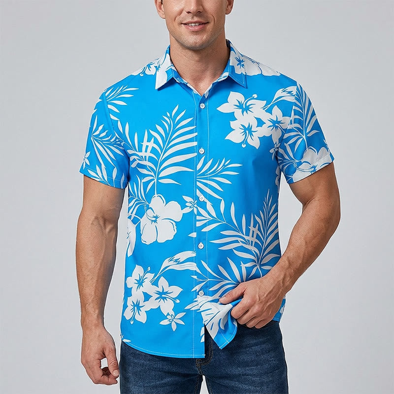 Camicia da uomo estiva a maniche corte con stampa floreale e foglie. - image 1