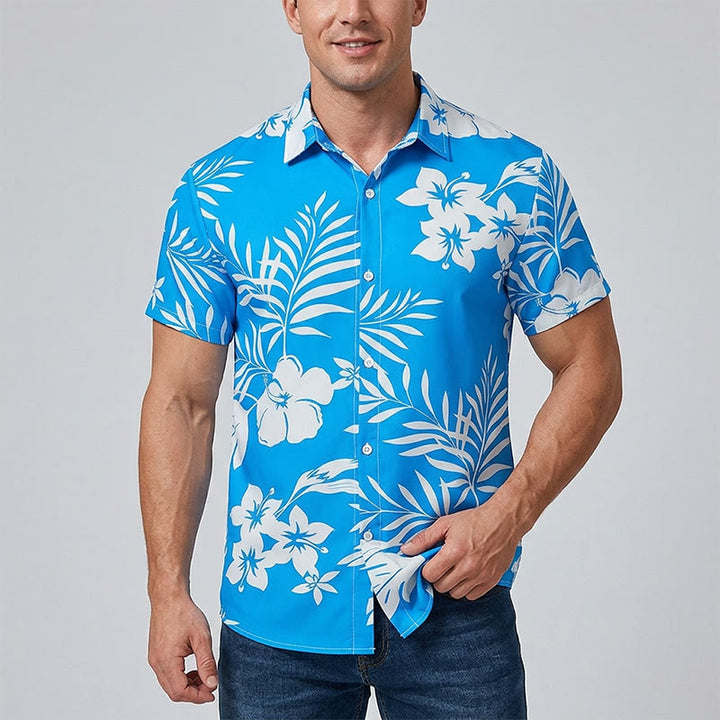 Camicia da uomo estiva a maniche corte con stampa floreale e foglie. - image 1