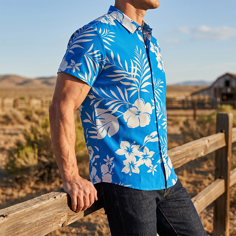 Camicia da uomo estiva a maniche corte con stampa floreale e foglie. - Blu celeste - 5XL - image 0