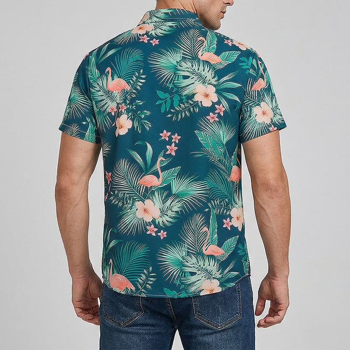 Camicia da uomo estiva casual da spiaggia con stampa floreale e fenicotteri, foglie di palma. - image 3