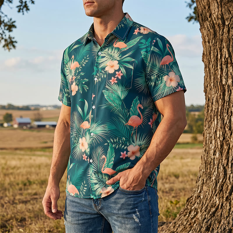 Camicia da uomo estiva casual da spiaggia con stampa floreale e fenicotteri, foglie di palma. - Verde scuro - 5XL - image 0