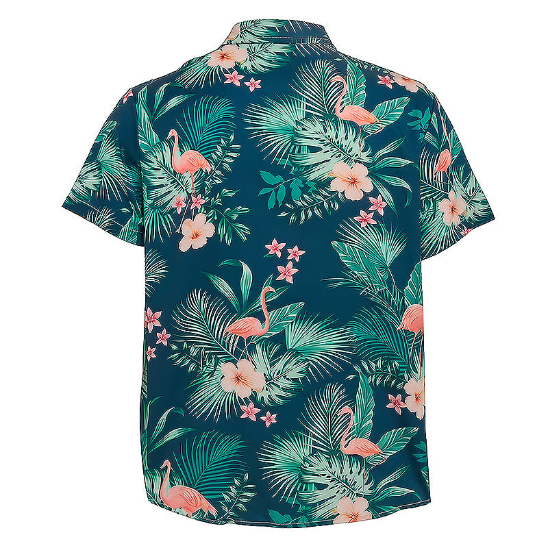 Camicia da uomo estiva casual da spiaggia con stampa floreale e fenicotteri, foglie di palma. - image 10