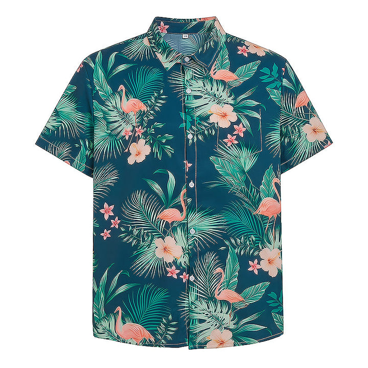 Camicia da uomo estiva casual da spiaggia con stampa floreale e fenicotteri, foglie di palma. - image 9