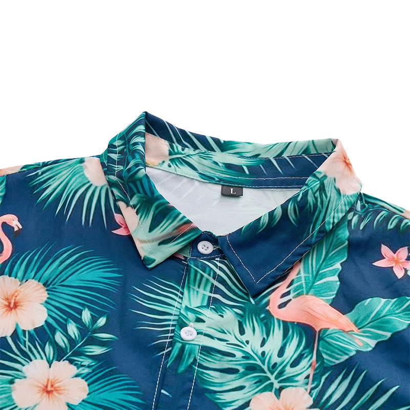 Camicia da uomo estiva casual da spiaggia con stampa floreale e fenicotteri, foglie di palma. - image 4