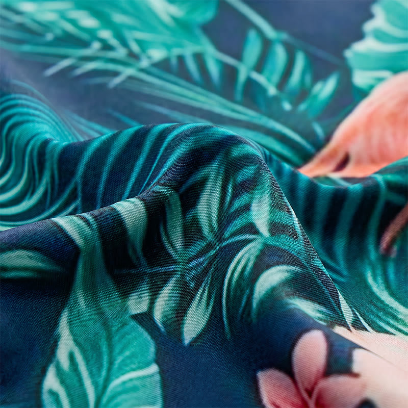 Camicia da uomo estiva casual da spiaggia con stampa floreale e fenicotteri, foglie di palma. - image 5