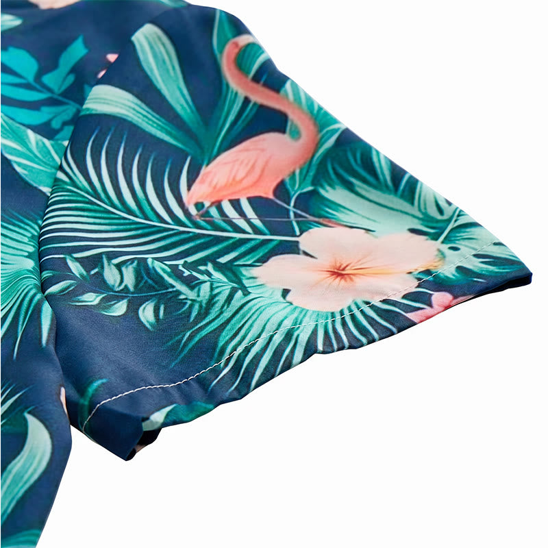 Camicia da uomo estiva casual da spiaggia con stampa floreale e fenicotteri, foglie di palma. - image 8