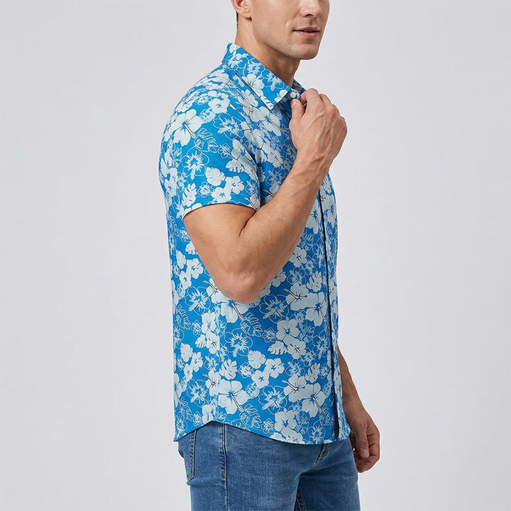 Camicia da spiaggia casual da uomo bicolore blu con stampa floreale di ibisco. - image 2