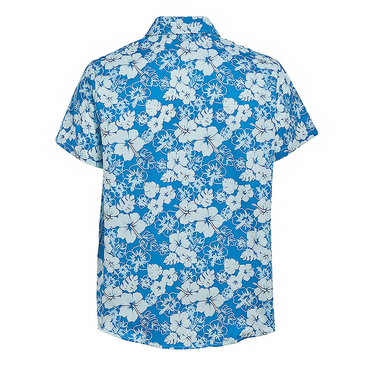 Camicia da spiaggia casual da uomo bicolore blu con stampa floreale di ibisco. - image 9