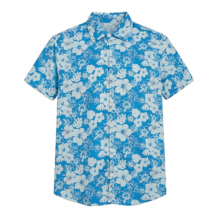Camicia da spiaggia casual da uomo bicolore blu con stampa floreale di ibisco. - image 8