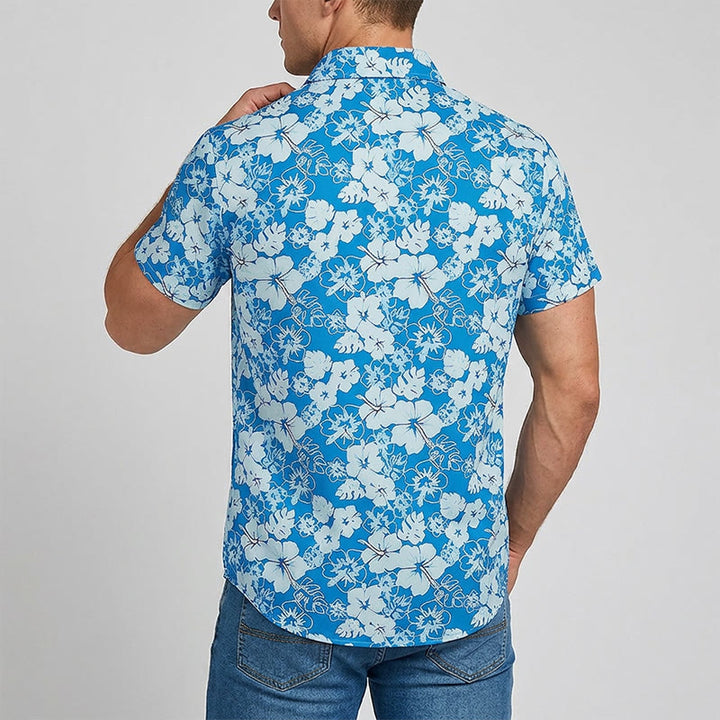 Camicia da spiaggia casual da uomo bicolore blu con stampa floreale di ibisco. - image 3