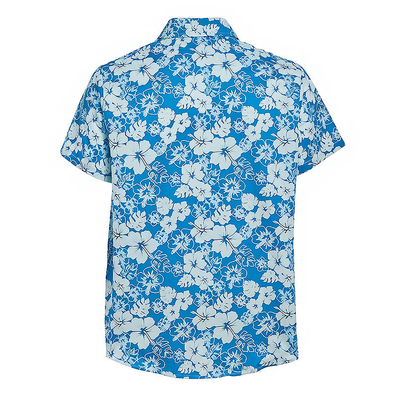 Camicia da spiaggia casual da uomo bicolore blu con stampa floreale di ibisco. - image 9