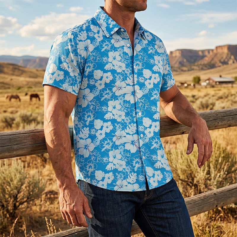 Camicia da spiaggia casual da uomo bicolore blu con stampa floreale di ibisco. - Multicolore - 5XL - image 0