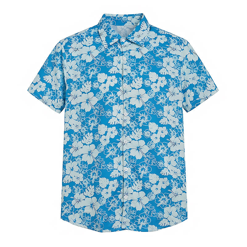 Camicia da spiaggia casual da uomo bicolore blu con stampa floreale di ibisco. - image 8