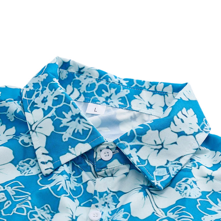 Camicia da spiaggia casual da uomo bicolore blu con stampa floreale di ibisco. - image 4