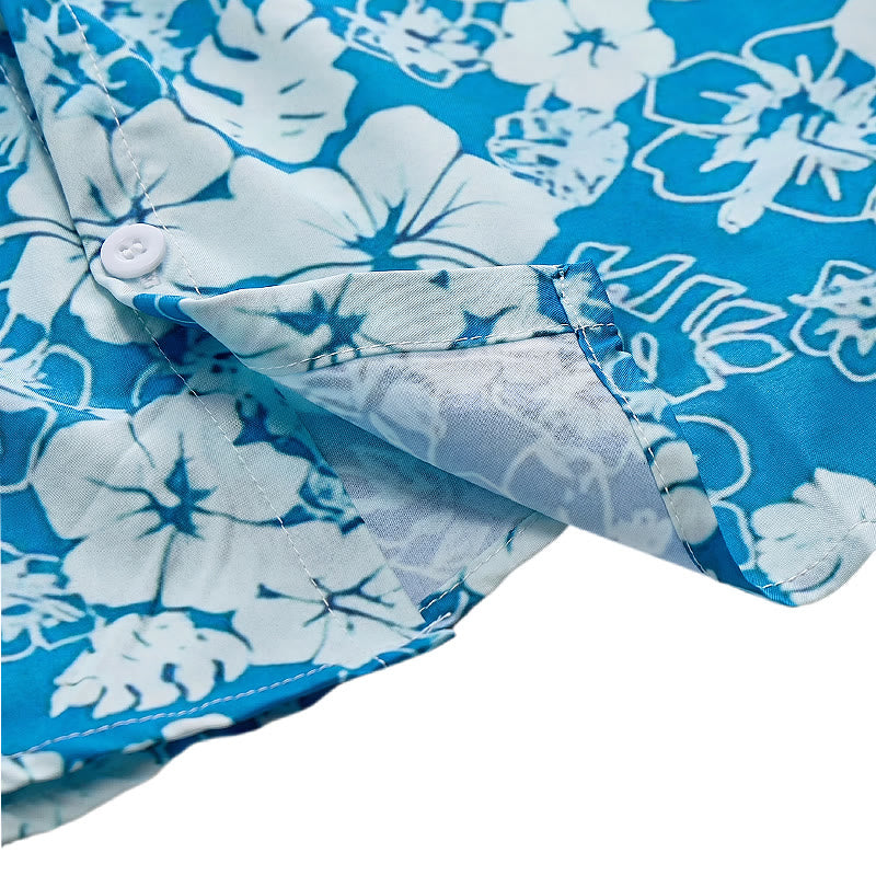 Camicia da spiaggia casual da uomo bicolore blu con stampa floreale di ibisco. - image 6