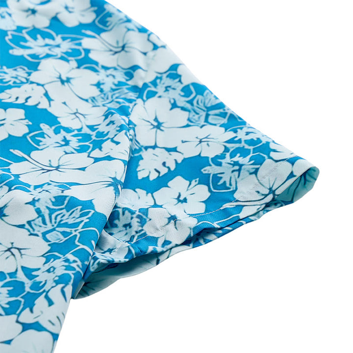 Camicia da spiaggia casual da uomo bicolore blu con stampa floreale di ibisco. - image 7