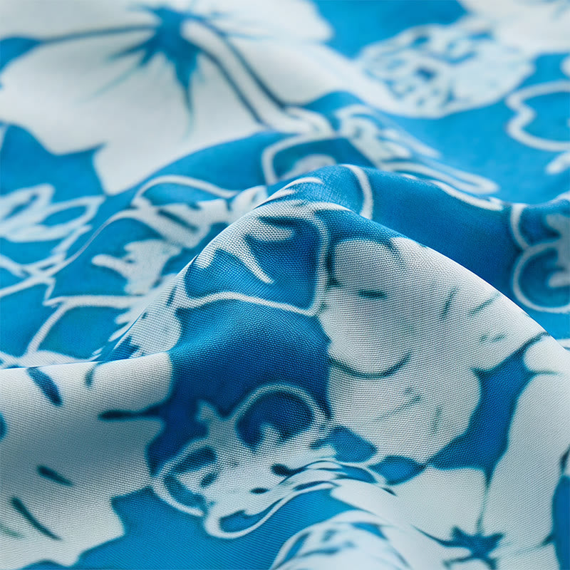 Camicia da spiaggia casual da uomo bicolore blu con stampa floreale di ibisco. - image 5