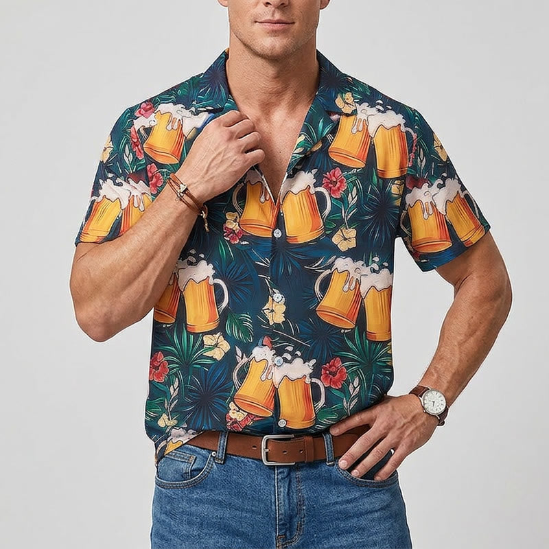 Boccale da birra da uomo con stampa floreale di palme tropicali, camicie hawaiane casual - image 1
