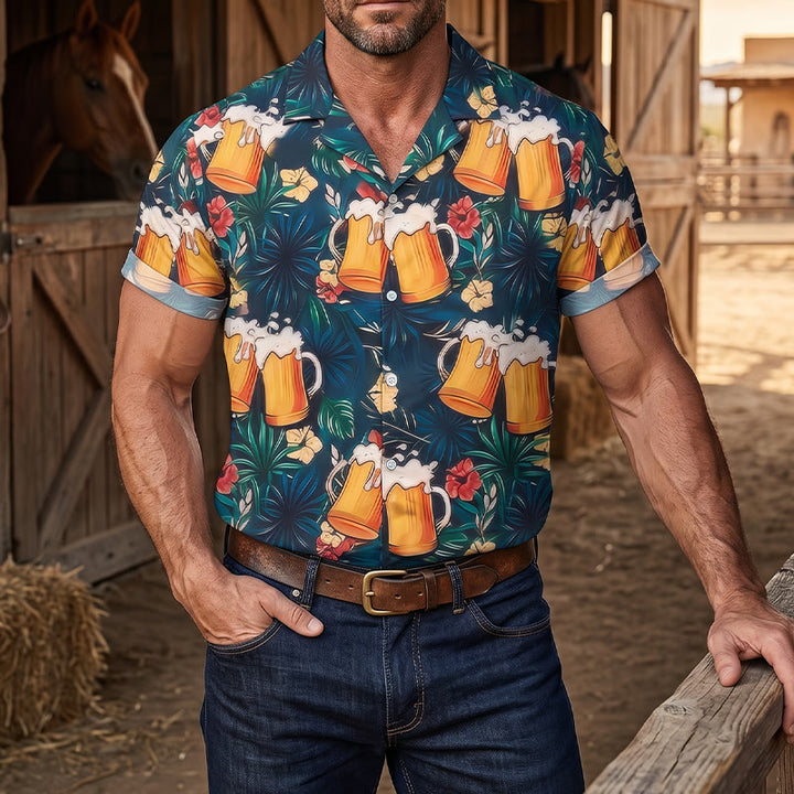 Boccale da birra da uomo con stampa floreale di palme tropicali, camicie hawaiane casual - Multicolore - 5XL - image 0