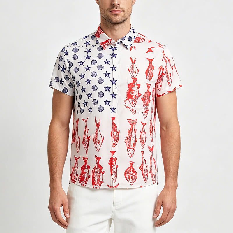 Maglietta a maniche corte con stampa patriottica della bandiera americana e di pesci. - image 1