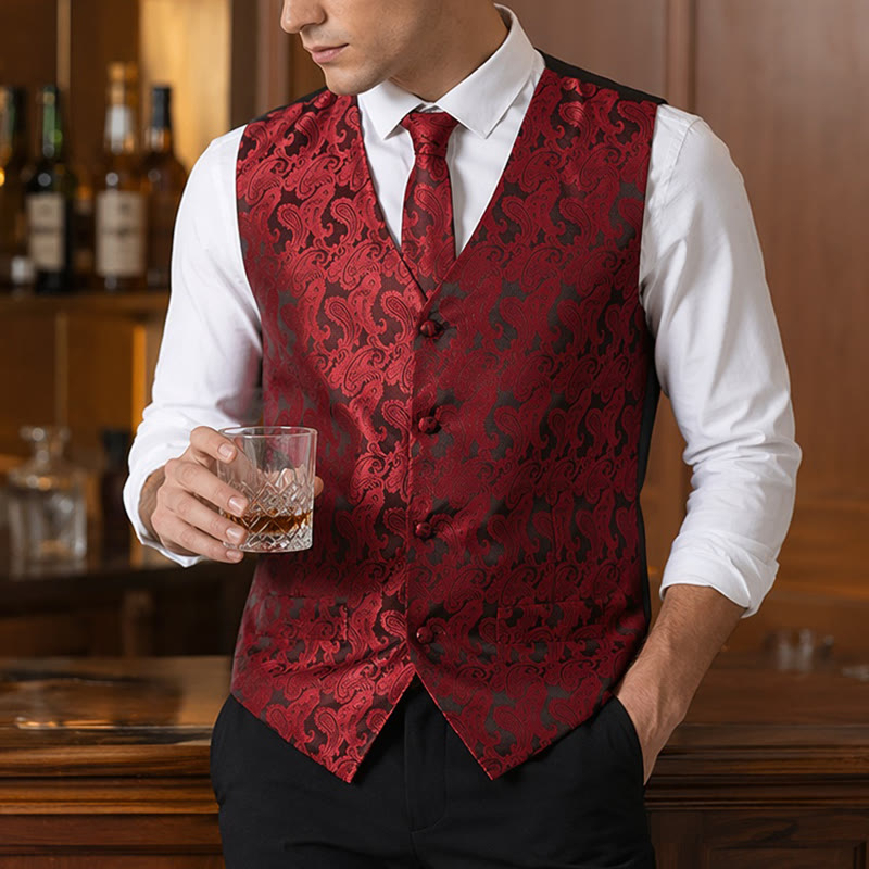 Gilet da uomo versatile con motivo paisley, set completo 4 in 1 - Vino - 3XL - image 0
