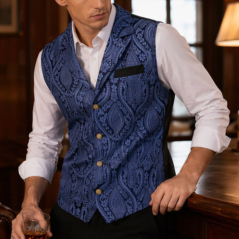 Gilet da uomo in ciniglia stile gotico con motivo floreale jacquard vittoriano, elegante e formale. - Blu - 2XL - image 0