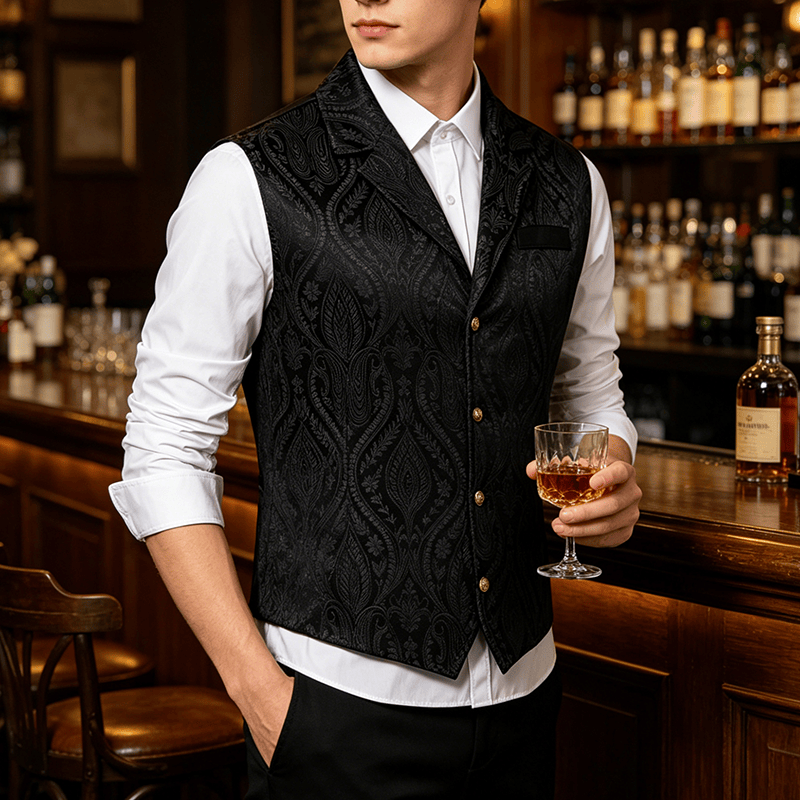 Gilet da uomo in ciniglia stile gotico con motivo floreale jacquard vittoriano, elegante e formale. - Nero - 2XL - image 4