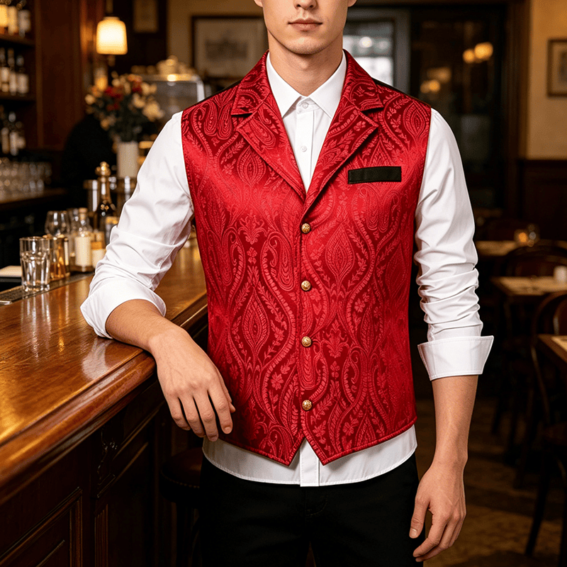 Gilet da uomo in ciniglia stile gotico con motivo floreale jacquard vittoriano, elegante e formale. - Vino - 2XL - image 5